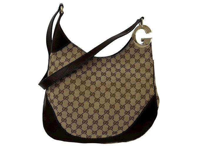 Bolsa de ombro em lona e couro Gucci Marrom Bege