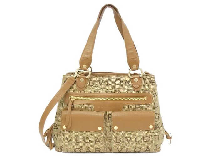 Bulgari Borsa a tracolla in tela beige e marrone Bvlgari