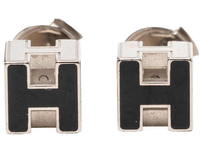 Hermès Silver Palladium Plated Enamel Cage D H Push Back Earrings Silvery 