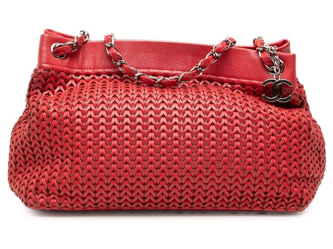 Chanel Red Woven Caviar CC Charm Tote Rot
