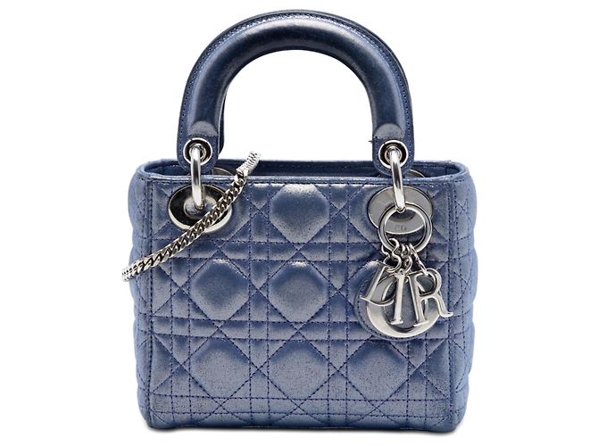 Lady Dior Cannage in agnello iridescente blu mini Blu scuro
