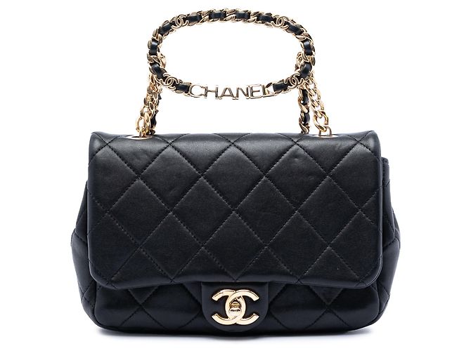 Chanel Black Small Quilted Lambskin Round Top Handle Flap Noir