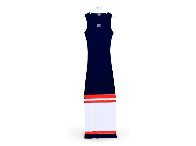 Vestido largo de punto Loewe azul marino con rayas Blanco Naranja