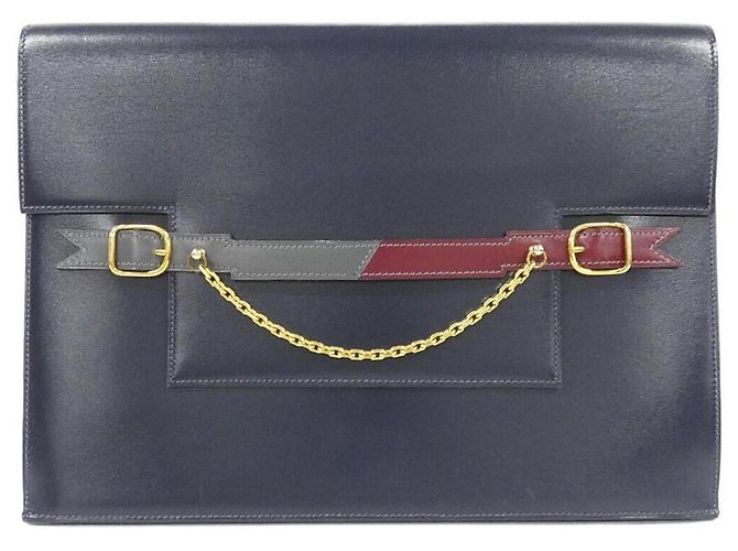 Borsa a mano Hermès blu navy in pelle box calf