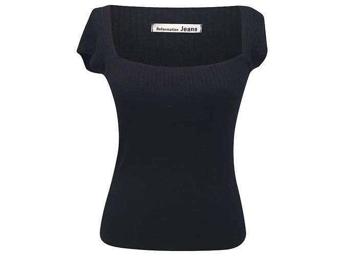 Reformation Jeans Gerippte Strickbluse aus schwarzem Tencel