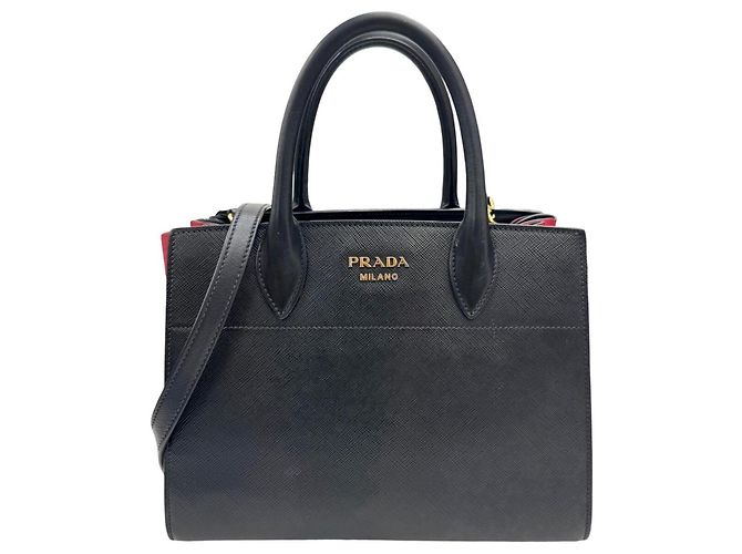 Prada Saffiano Bibliotheque Lederhandtasche Schwarz Rot