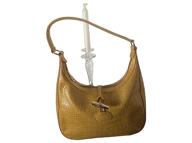 Sac Longchamp Roseau en cuir effet crocodile - Moutarde