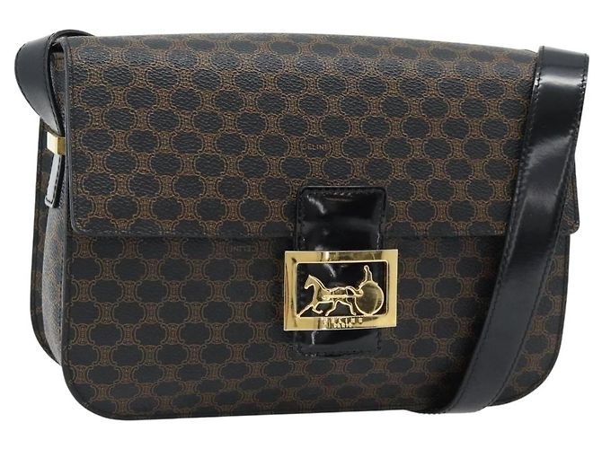 Céline CELINE Borsa Macadam Canvas Horse Carriage in PVC e pelle nera e oro Auth 182778V Nero D'oro