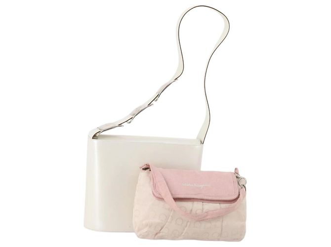 Bolsa Salvatore Ferragamo Nylon e Couro 2 Conjuntos Branco Rosa Auth BA13059