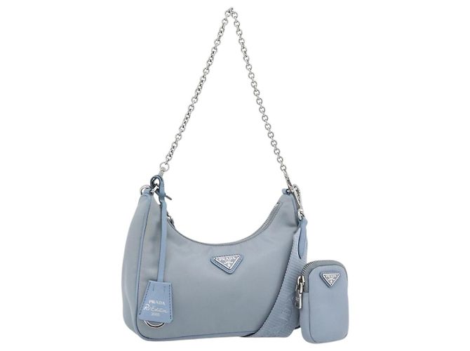 PRADA Re-Edition Shoulder Bag Nylon Blue Silver Auth ka4501A Silvery