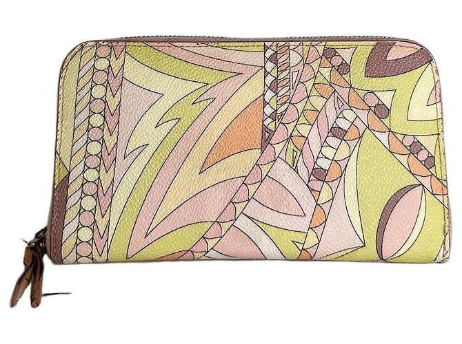 Autre Marque Vintage Pucci Canvas Leather Trim Wallet Pink Yellow Rust
