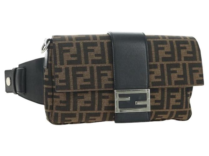 FENDI Zucca Canvas Mamma Baguette Shoulder Bag 2way Black Brown Auth 181574SAM Marron Noir