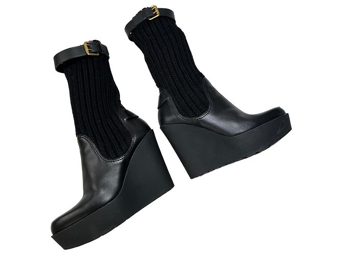 Botas de cano curto de malha e couro vintage Gucci pretas e douradas EU37 Preto