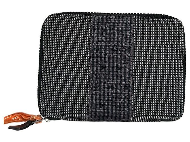 Hermès Vintage Hermes Canvas Zip Wallet Black Grey Silver