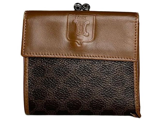 Céline Vintage Celine Coated Canvas Wallet Brown Tan Silver Camel