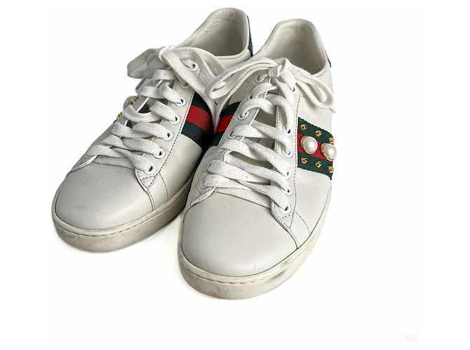 Gucci Baskets Ace Pearls en cuir à rayures 37 White Blanc