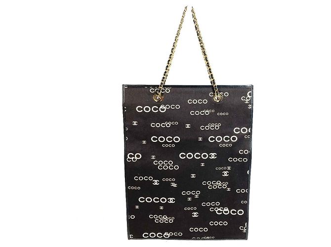 Chanel Vintage CC Coco Mark Logo Flat Shopper Bag Black White