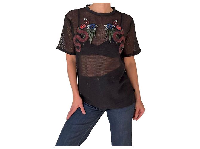 Sandro Black Mesh Embroidered Snake Top
