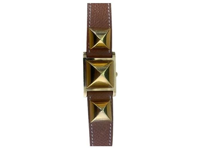 Médor Hermès Pulsera Medor de cuero marrón chapada en oro Hermes