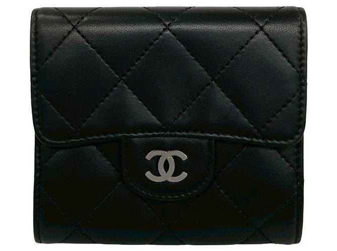 Chanel Matelassé Coco Mark Lambskin Leather Tri-fold Wallet Black