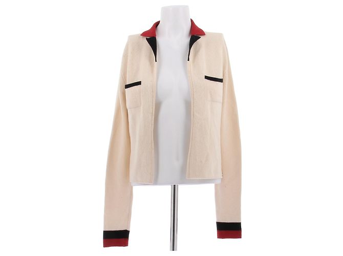 Chanel Cardigan creme mit rotem Kragen S Beige