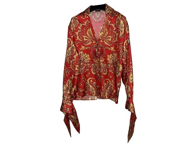 Versace Camicetta in Seta Stampa Barocca Rossa e Oro Rosso D'oro