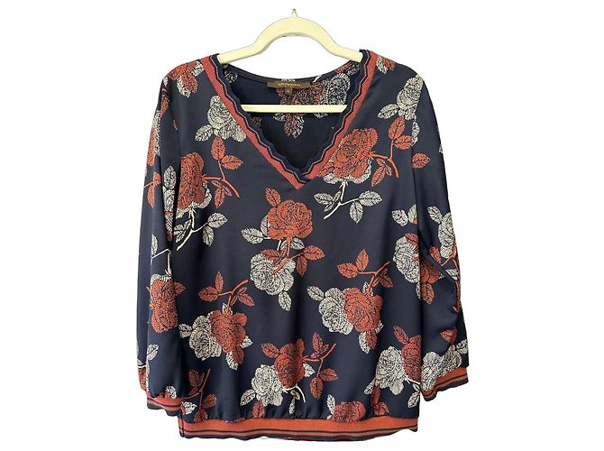 La Fée Maraboutée Florale Bluse - Marineblau & Orange Weiß