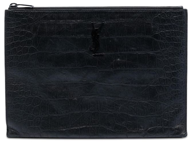 Saint Laurent Monogramm Dokumentenhalter aus schwarzem Leder mit Krokodilprägung