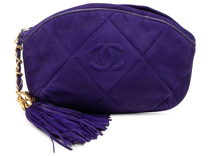 Pochette à pompon en daim bleu CC Chanel