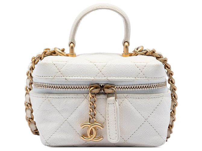 Chanel Estuche Vanity Mini en Caviar Blanco con Cremallera y Cadena Crudo