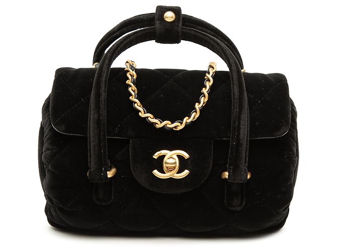 Chanel Black Mini Quilted Velvet Top Handle Flap Noir