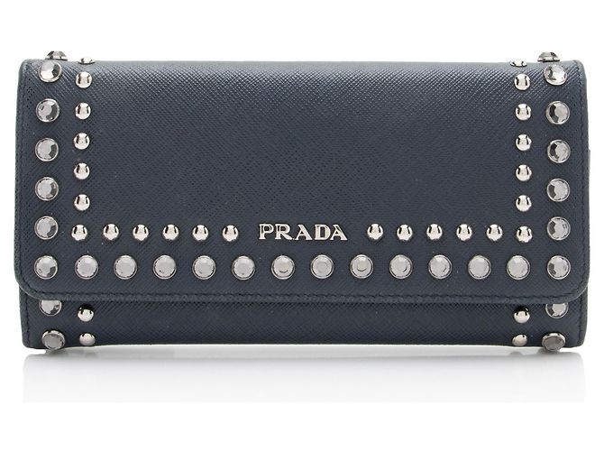 Portafoglio Continental Prada Saffiano con Borchie e Cristalli Blu
