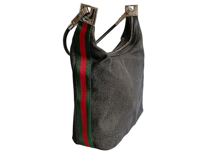 Gucci Blue Denim Hobo Bag with Web Stripe Red Green