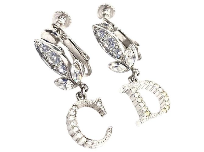 Boucles d'oreilles clips Christian Dior CD Logo strass argentées