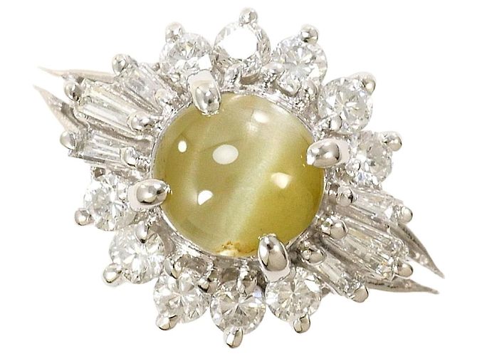 Autre Marque Platin-Ring mit Katzenauge und Diamant