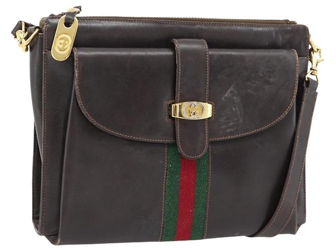 Bolsa de Ombro GUCCI Web Sherry Line Couro Marrom Vermelho Verde Auth 181788