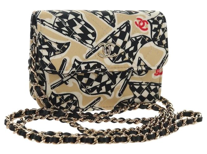CHANEL Matelasse Chain Shoulder Pouch Nylon Beige Gold CC Auth bs35360SAM Dorado
