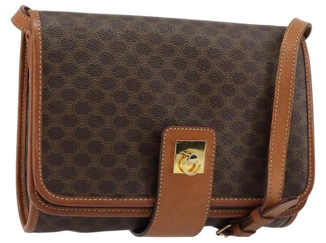 Céline Bolsa de Ombro CELINE em Canvas Macadam PVC Couro Marrom Ouro Auth 181724 Dourado
