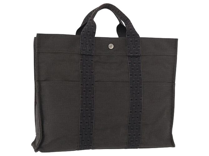 Hermès HERMES Her Line MM Handtasche Canvas Grau Silber Authentisch 182867 Braun