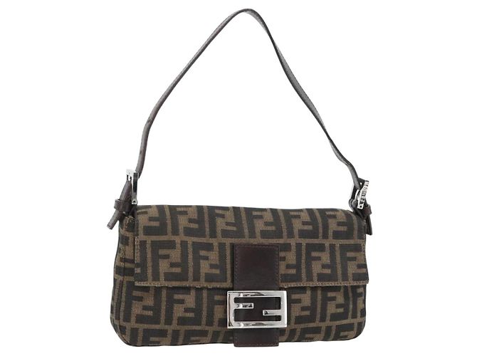 FENDI Zucca Canvas Mamma Baguette Shoulder Bag Black Brown Auth 181873SAM