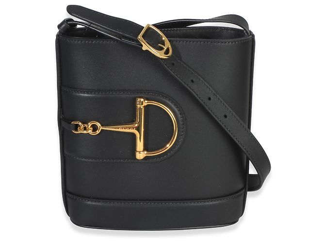 Bolsa Bucket Gucci Hasler Horsebit 73 Small em couro liso preto