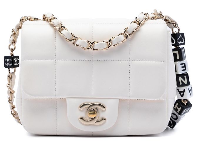 Chanel White Mini Quilted Lambskin Resin Crystal Square Monacoco Flap Branco Cru