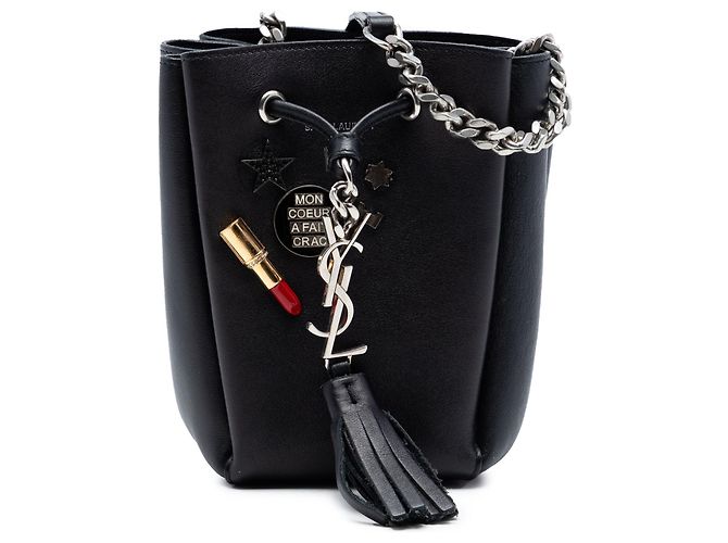 Borsa a secchiello bourse Saint Laurent in pelle nera con decorazioni monogramma mini Nero