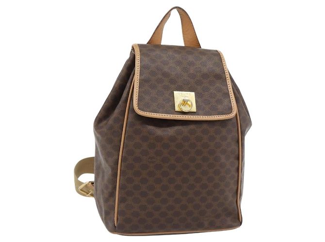Céline Mochila CELINE Macadam Canvas PVC Couro Marrom Ouro Auth 182528A Dourado