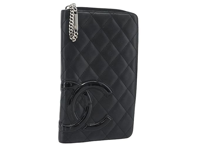 CHANEL Matelasse Cambon Line Long Wallet Leather Black Silver CC Auth 181675V Silvery