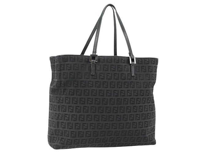 FENDI Zucchino Canvas Hand Bag Black Silver Auth ka4472 Silvery