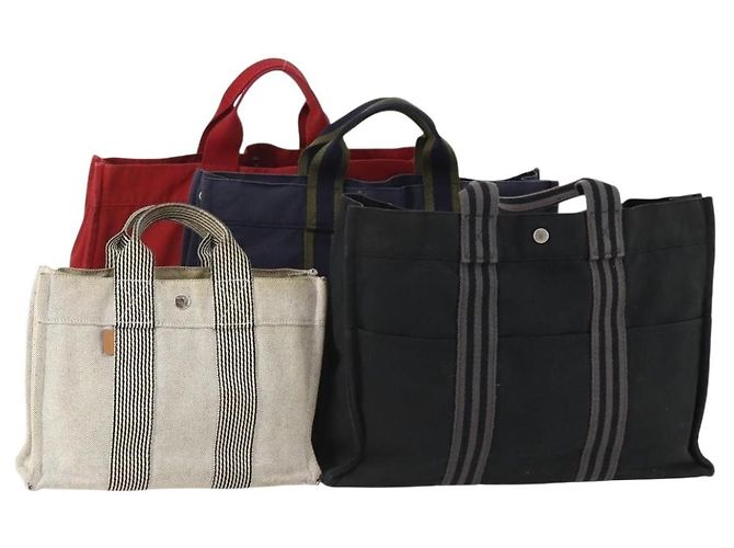 Hermès Borsa Fourre Tout HERMES Cotton 4 Set White Black Red Auth 176443 Nero Bianco Rosso