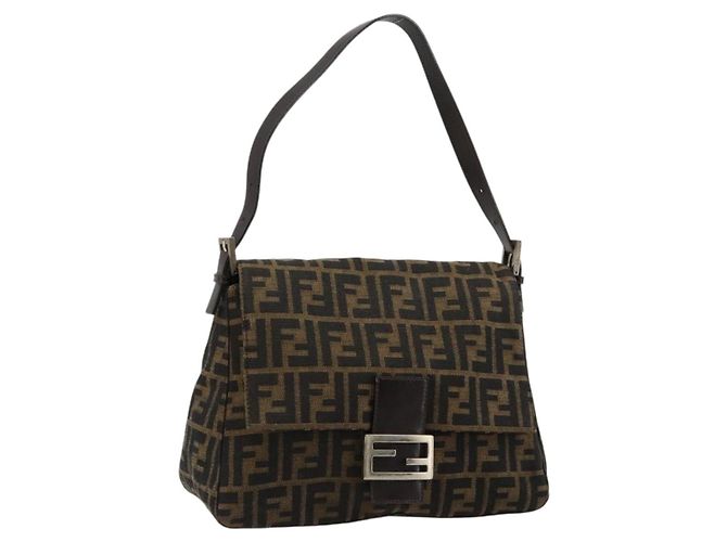 FENDI Zucca Canvas Mamma Baguette Shoulder Bag Black Brown Auth 182028SAM Marrom Preto
