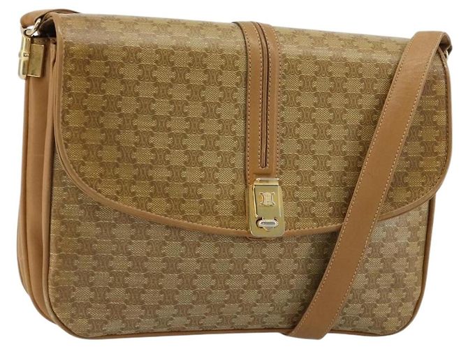 16 Céline Bolsa de Ombro CELINE Macadam Canvas PVC Bege Ouro Auth 181725 Dourado