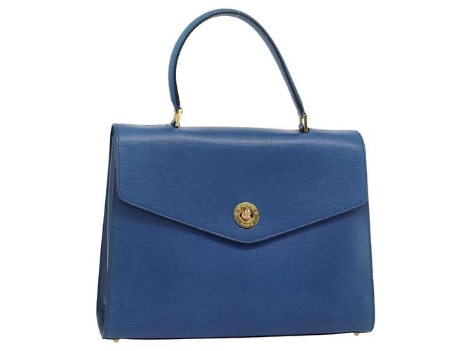 Céline Bolsa de mão CELINE Circle de couro azul e dourado Auth 181709A